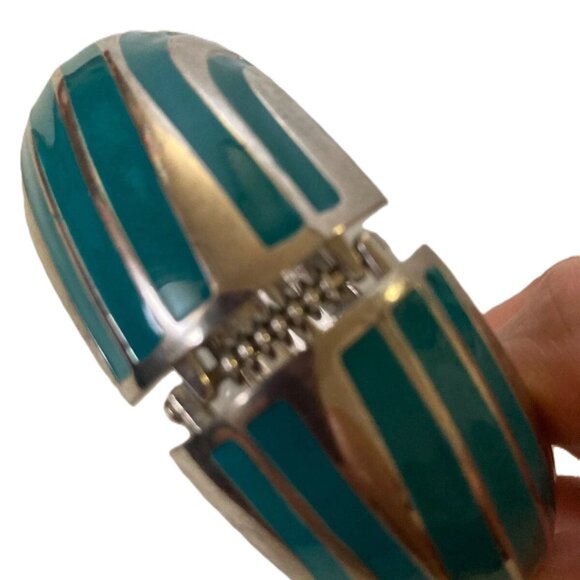 80’s vintage Plastic metal Bangles Bracelet Lot Of 2 Chunky blue silver jewelry - Picture 4 of 9